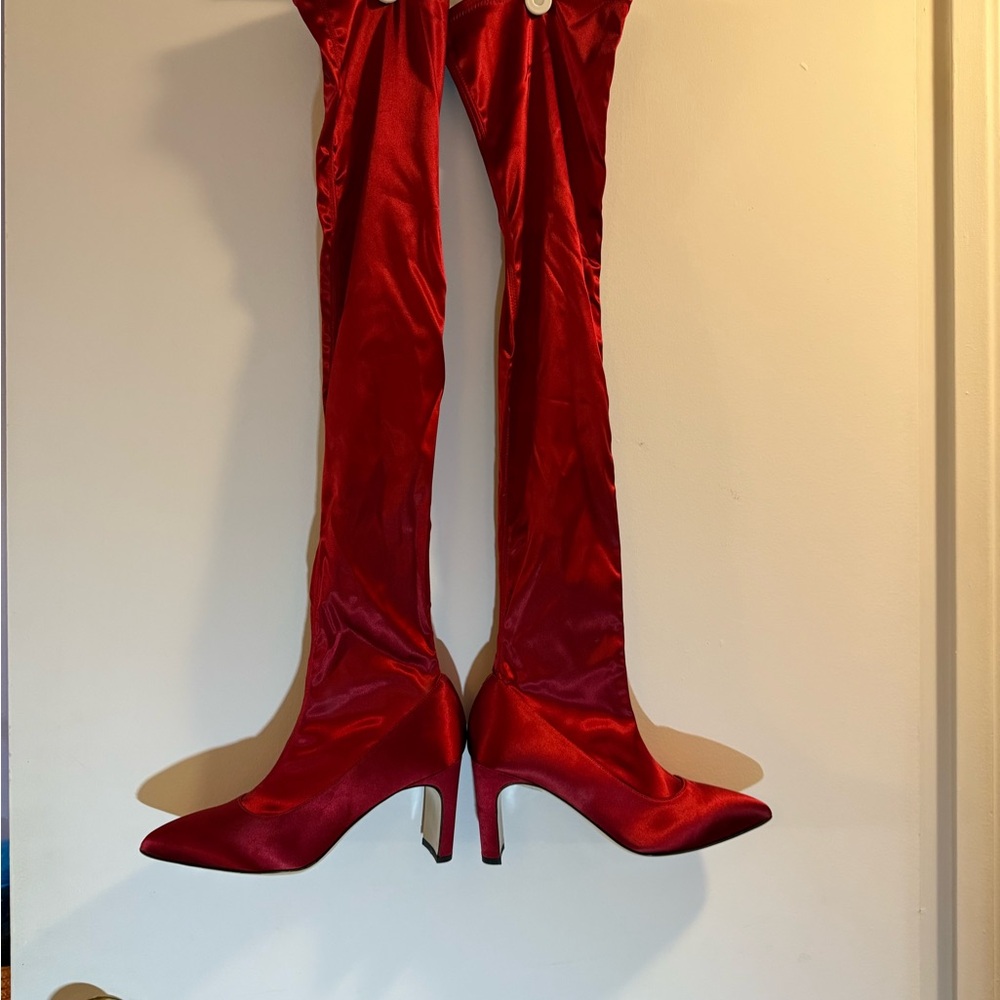 Space Style Concept Red Over the Knee Boots with Glossy Finish